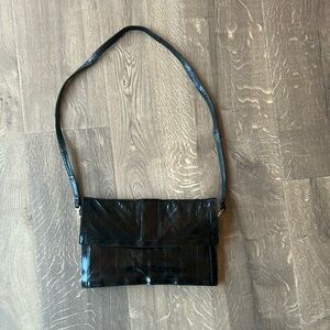 Black Eel Skin Leather Women's Shoulder Bag Vintage Black Removable Strap